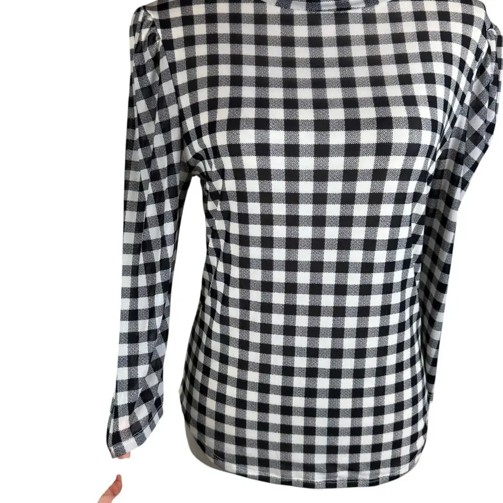 Free People Gathered Turtleneck Black & White Gingham Checkered Mesh Slim Top